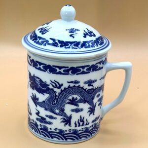 Chinese Dragon Coffee Mug w Lid Porcelain Vintage China Tea Coffee Cups Gifts 4"